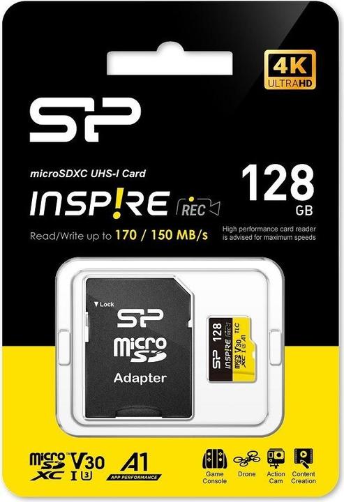 Productafbeelding Silicon Power Geheugenkaarten Inspire 128GB, DDR200, W/A, CL10, V30, A1, TF SDXC UHS-IU3 (128 GB, microSDXC, U3, UHS-I)