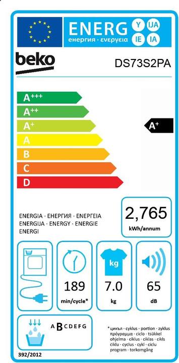 Energie-Label Beko DS73S2PA (7 kg, Links)