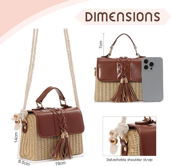 Actual product image Only-Bags.Store Tassel Decor Straw Woven Handbags, Mini Rope Strap Crossbody Beach Bag, Women Top Handle