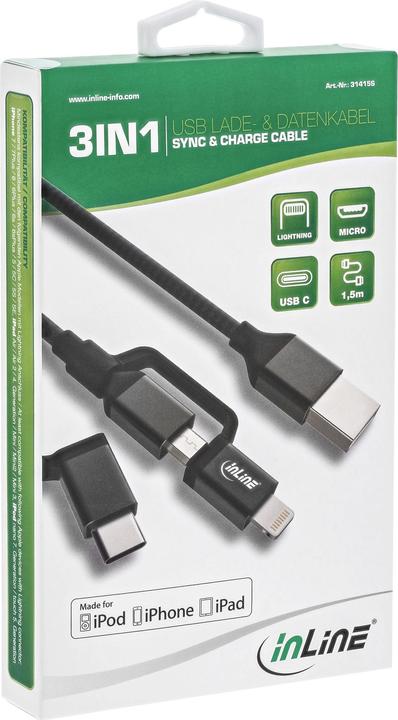 Immagine prodotto InLine Cavo USB 3in1 Cavo USB A maschio a Micro-USB Tipo C e Lightning 1,5m nero (1.50 m, USB 2.0)