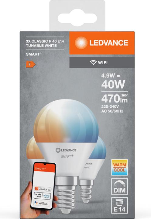 Immagine prodotto Ledvance Mini lampadina Smart+ Wifi (E14, 4.90 W, 470 lm, 3 x, F)