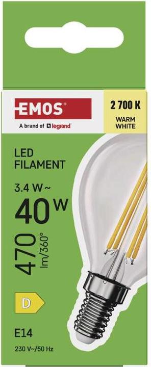 Immagine prodotto Emos Lampada LED Filament Mini Globe / E14 / 3,4 W (40 W) / 470 lm / Bianco caldo (E14, 3.40 W, 470 lm, 1 x, D)