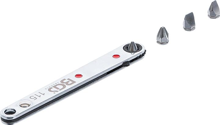 Actual product image BGS Special Bit Ratchet extra thin 6.3 mm (1/4") Drive incl. 4 special bits (Cross Phillips PH M2, Cross Phillips PH M1, Screw slot M4, Screw slot M3, Screw slot M5)