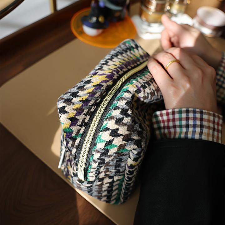 Only-Bags.Store Plaid Woolen Cosmetic Bag - Geräumige & Portable Makeup Organizer mit Reissverschluss, faltbares
