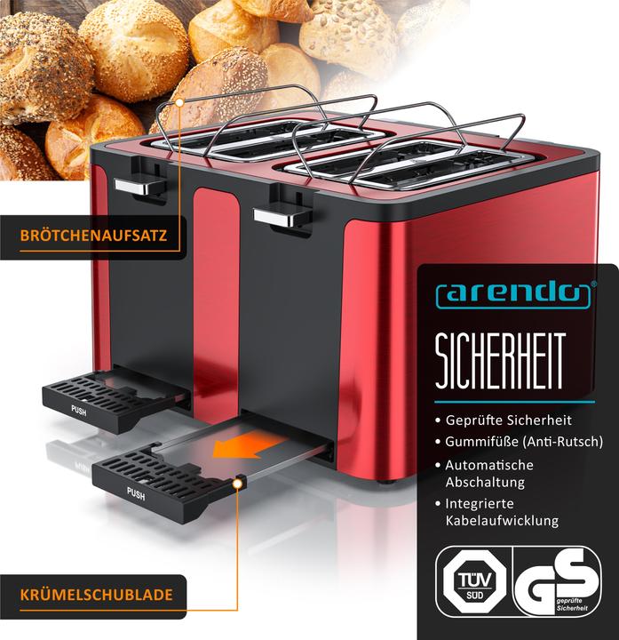 Produktbild Arendo Toaster 4 Scheiben Kurzschlitz, Wärmeisolierendes Doppelwandgehäuse, Edelstahl, Automatik, 1750 W (EU-Stecker)