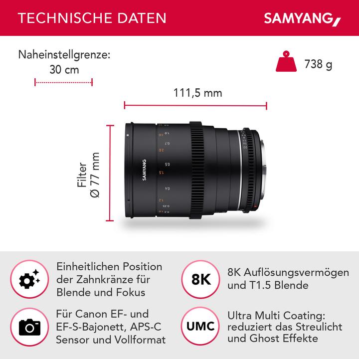 Produktbild Samyang VDSLR 35 mm T1.5 MK2 Canon EF (Canon EF, Vollformat, Micro Four Thirds, APS-C / DX)