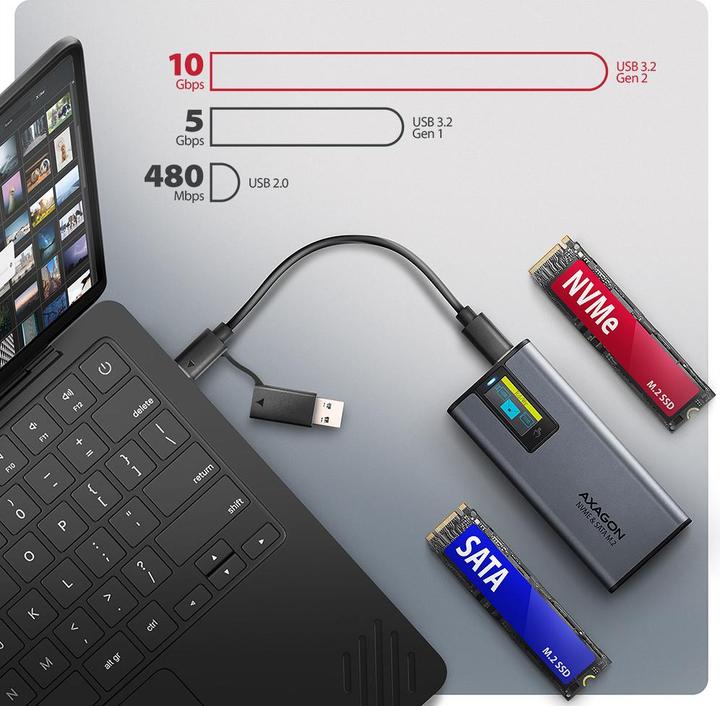 Actual product image Axagon Boitier externe USB-C 3.2 EEM2-SD2 - S-ATA/NVMe M.2 Type 2280 (Noir) (M.2 2280)