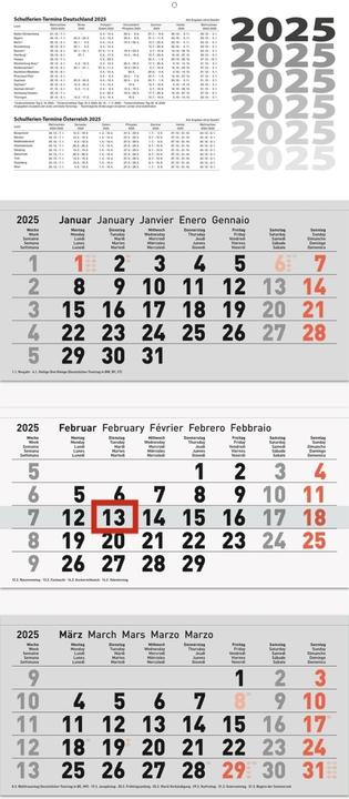 Valori nutrizionali e ingredienti Calendario 3 mesi Calendario da parete 32x74cm 3 blocchi mese 2025 (Francese, Inglese, Italiano, Spagnolo)