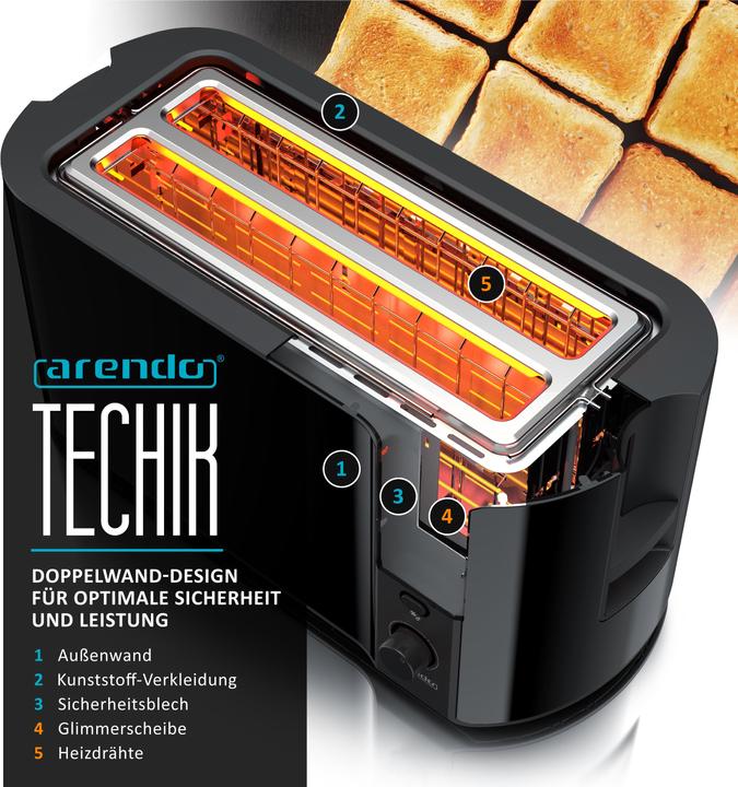 Produktbild Arendo Toaster Langschlitz Edelstahl 4 Scheiben, Brötchenaufsatz, Display mit Restzeitanzeige, Doppelwand