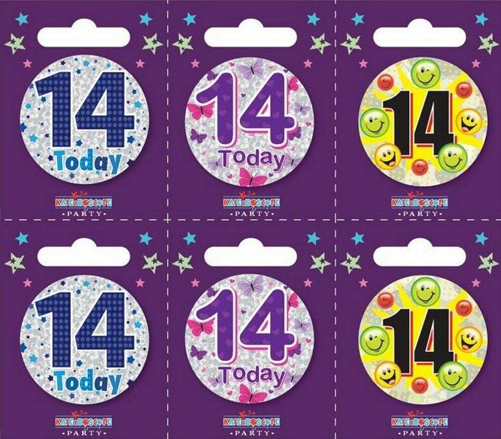 Produktbild Apac Sortierte Designs Abzeichen 14. Geburtstag 6erPack Karton