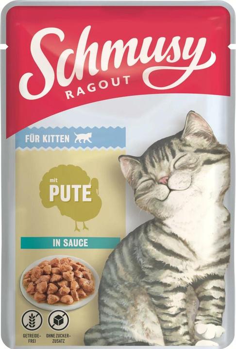 Schmusy Nassfutter Ragout Kitten Pute Sauce, 22 x 100 g (Welpe + Kitten, 22 Stk., 2470 g)