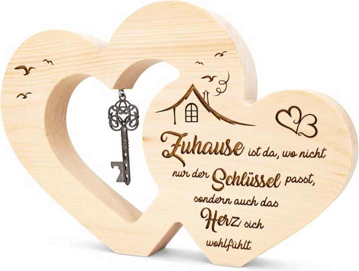 ZNatur Zirben Arven Holz Geschenk Deko Herz schwebend mit Schlüssel und Gravur Zuhause No.22 (20 x 30 x 3.5 cm)