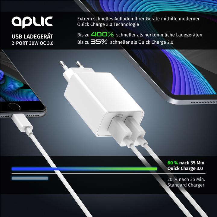 Produktbild Aplic USB Ladegerät 3000 mA, 2 Port, 30W, Quick Charge 3.0 (QC 3.0) Schnelladefunktion, weiss (30 W)