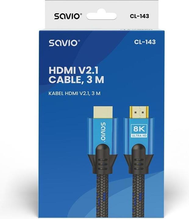 Produktbild Savio HDMI-Kabel (M) v2.1, 3 m, 8K, Kupfer, blau schwarz, goldenes Ende, Ethernet/3D, CL-143 (3 m, HDMI)