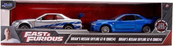 Actual product image Jada Fast and Furious Brian's Nissan Skyline GT-R R34 Silver and GT-R R34 Blue 1:32 Die-Cast Metal 2-Pack