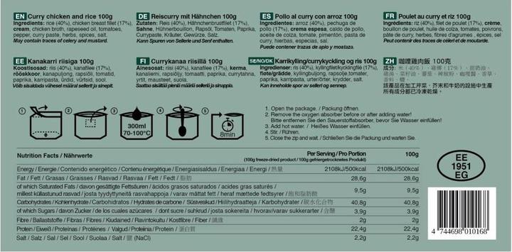 Valeurs nutritives et ingrédients Tactical Foodpack Curry de poulet et de riz (100 g)