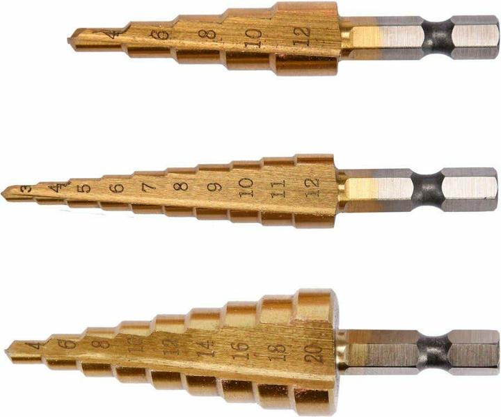 Image du produit Yato Jeu de forets étagés pour métaux, 3 pièces, 3-20 mm, revêtement titane, acier HSS (YT-44731) (3-12mm, 4-20mm, 4-12mm)