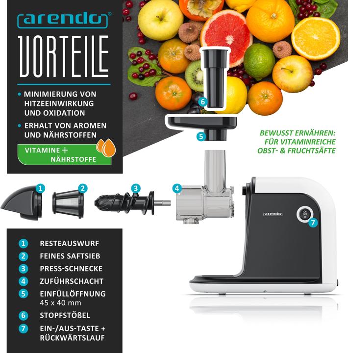 Produktbild Arendo Slow Juicer 150 W, Gemüse & Obst Entsafter elektrisch, Edelstahl, 700ml Saftkanne 1,5l Restebehälter