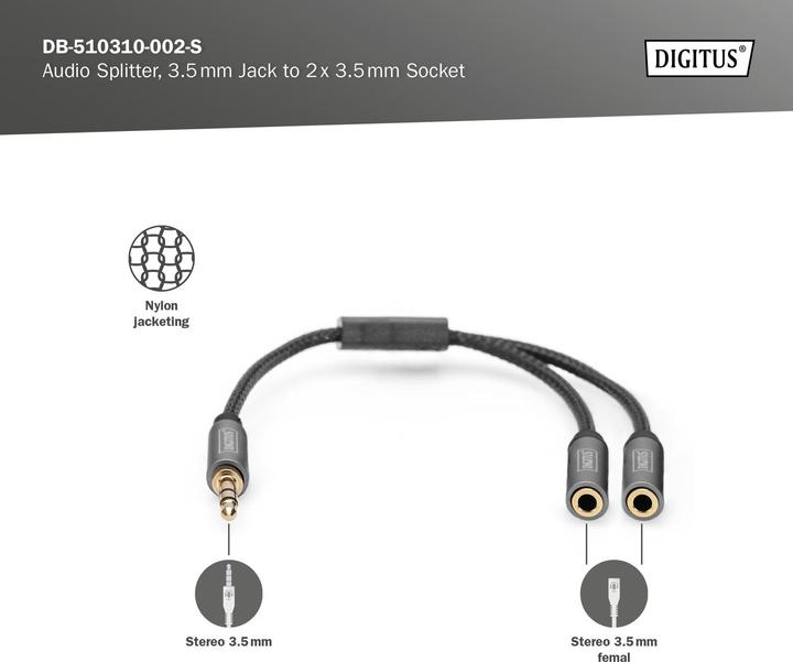 Produktbild Digitus Audio Splitter, 3,5 mm Klinke auf 2x 3,5 mm Buchse (0.20 m)