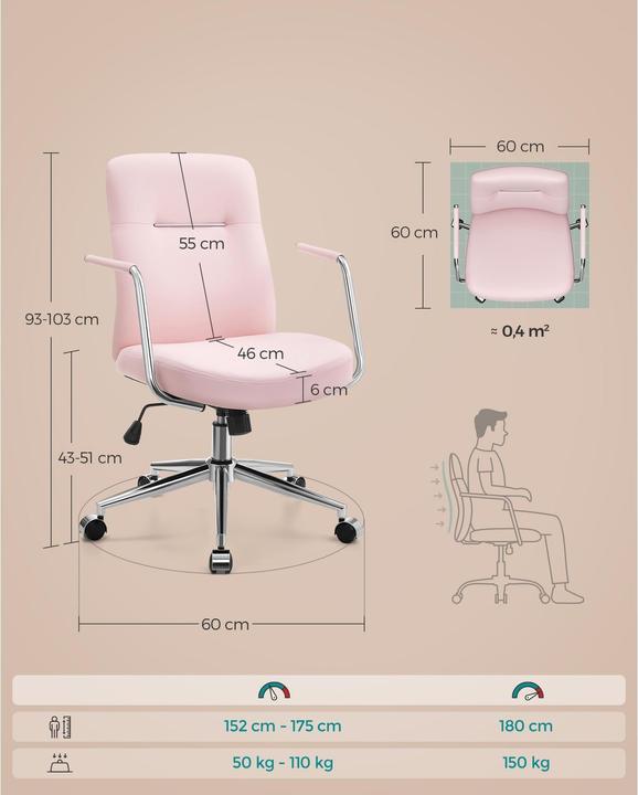 Immagine prodotto Songmics Sedia da ufficio con schienale e braccioli imbottiti, rosa