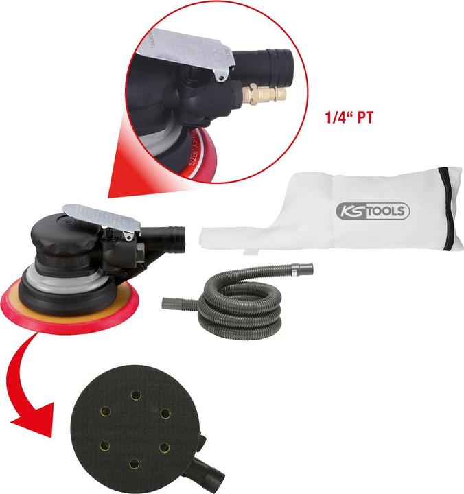 Immagine prodotto KS Tools Levigatrice eccentrica pneumatica con aspirazione della polvere, 240 W, consumo d'aria 225 l/min