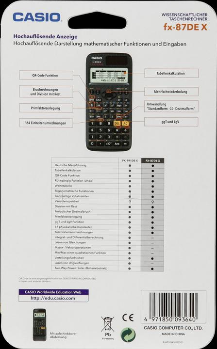 Productafbeelding Casio FX-87DE X (Zonnecellen, Batterijen)