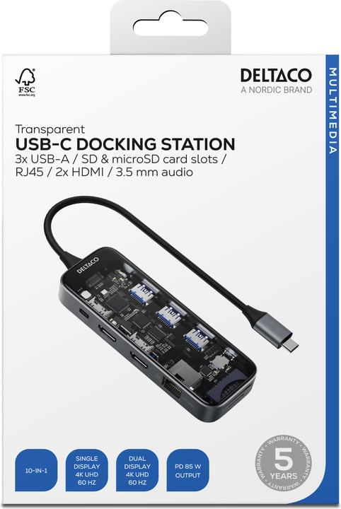 Actual product image Deltaco USB-C docking station 3xUSB/SD/microSD/2xHDMI/RJ45 (USB-C, 10 Ports)
