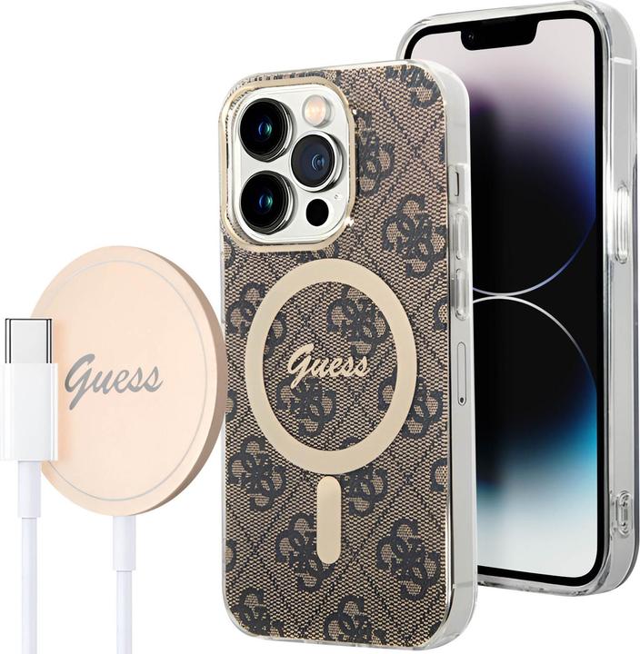 Produktbild Guess Zestaw GUBPP14LH4EACSW Case+ Charger iPhone 14 Pro 6,1" brązowy/brown hard case 4G Print MagSa (Apple iPhone 14 Pro)