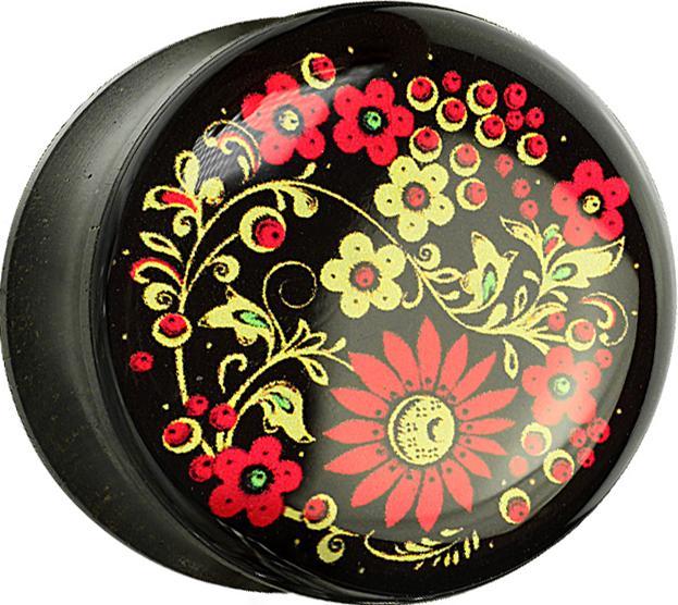 Image du produit Star Piercing Flared Plug en ébène avec fleurs imprimées et couche de protection en époxy (Organique, sans laiton)