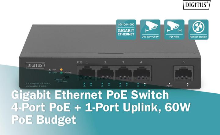 Produktbild Digitus Gigabit Ethernet PoE Switch 4-port PoE + 1-port uplink, 60W PoE Budget (4 Ports)