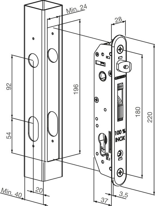 Produktbild Locinox Rohrrahmenschloss Fortylock mit Hakenriegel, PZ 92,DM 20 mm,Stulp rund,Edelstahl (1 Stk.)