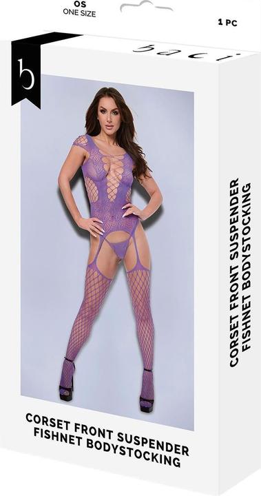 Produktbild Baci XGEN Corset Front Suspender Fishnet Bodystocking - Purple (One Size UK 2-14) - Sensual and Seductive (One Size)