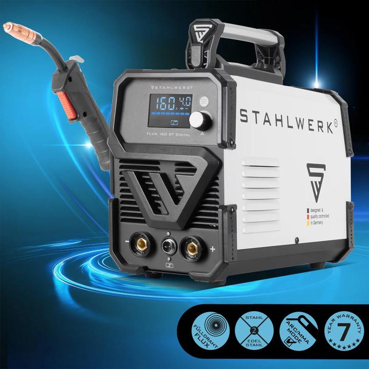 Produktbild Stahlwerk Schweissgerät FLUX 160 ST Digital mit 160 A, synergischem Drahtvorschub