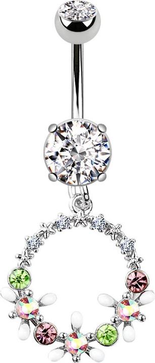 Image du produit Star Piercing Banane argent avec pendentif cercle avec cristaux et fleurs (Acier chirurgical 316L, Laiton)