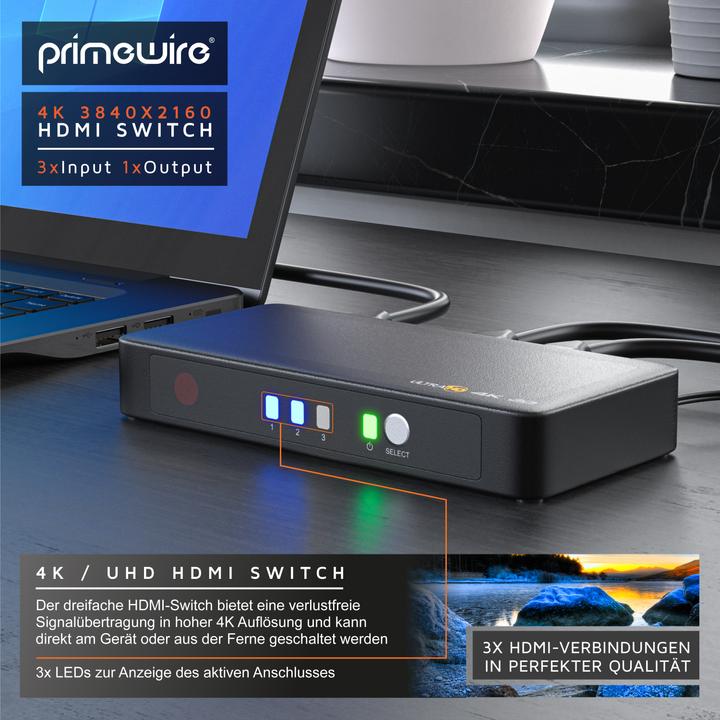 Actual product image Primewire 4k HDMI Switch 3 Port with Remote Control / 3D + CEC / 2160p 30Hz