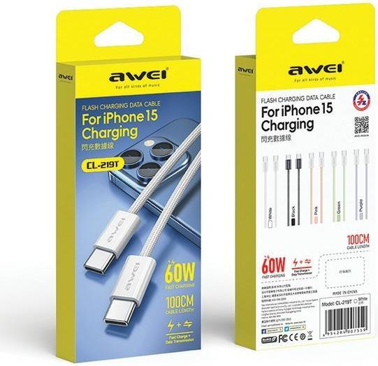 Image du produit Awei câble CL-219T USB-C na USB-C 60W biały/white iPhone 15 (USB 3.2 Gen 1, 60 W)
