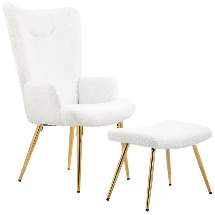 Produktbild Swisshandel24 Ohrensessel mit Hocker, Sessel mit Sherpa-Bezug, Hohe Rückenlehne, Weiss
