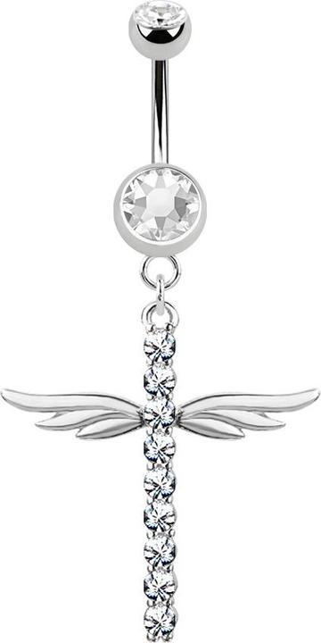 Star Piercing Banane silber mit Anhänger Kreuz mit Flügel und Kristallen (Chirurgenstahl 316L, Messing)