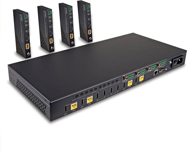 Produktbild Lindy 150m Cat.6 4x4 HDMI 4K60 HDBaseT Matrix Extender Set mit HDBaseT-Sender und 4 Empfängern