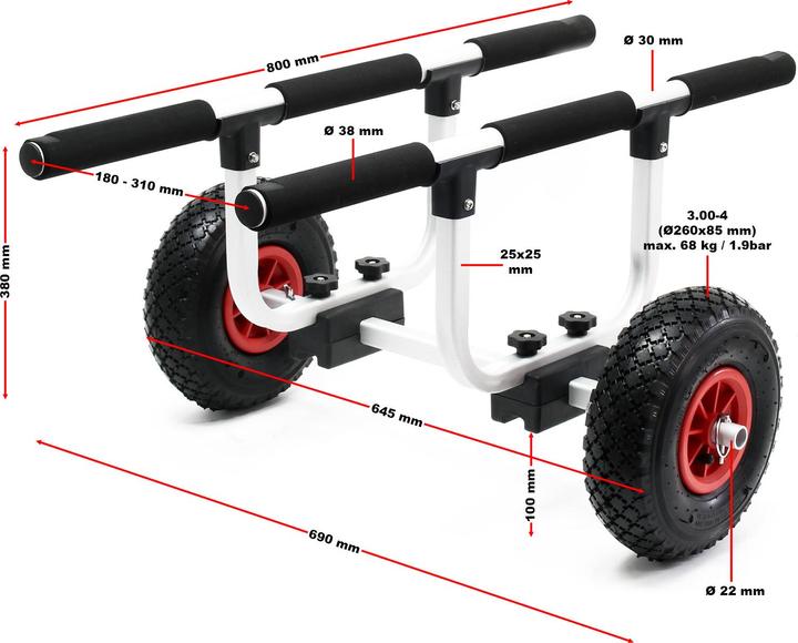 Immagine prodotto Wiltec Carrello da trasporto in alluminio per kayak e canoe max. 90kg con ⌀ Pneumatici da 26cm e larghezza