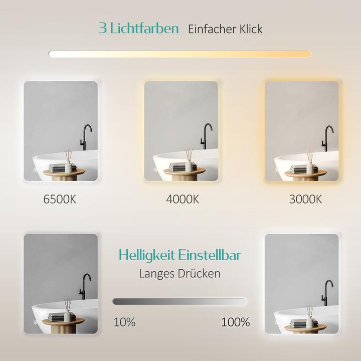 Produktbild Emke Badspiegel mit Beleuchtung 80*60cm, 3 Farbtemperaturen(3000K-6500K) und dimmbaren, Touch Schalter