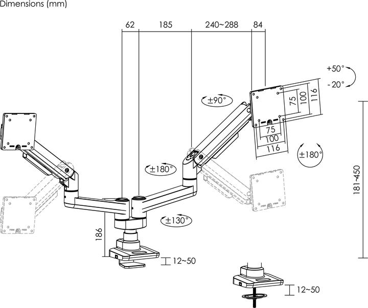 Produktbild equip Tischhalterung 17"-49"/ 2TFT je 20kg 360° Gasfeder ws (Tisch, 35")