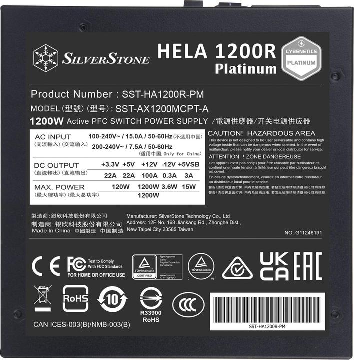 Actual product image Silverstone HELA 1200R Platinum - Cybenetics Platinum, Modular, ATX 3.0 - 1200 Watt (1200 W)
