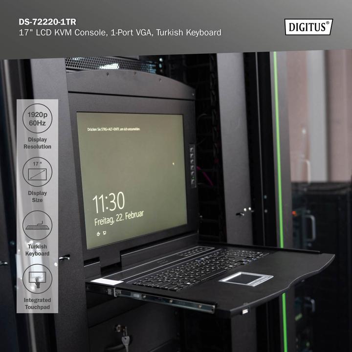 Image du produit Digitus Console modulaire HD LCD TFT, clavier TR avec 1 port KVM, clavier TR, RAL 9005 noir