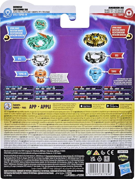 Produktbild Hasbro Beyblade Burst Surge Speedstorm Demise Satomb S6 und Anubion A7 (Englisch, Französisch, Deutsch, Italienisch)