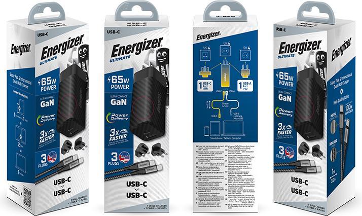 Actual product image Energizer Power Delivery Charger - 65 W - EU/UK/US incl. USB-C to USB-C cable (65 W)