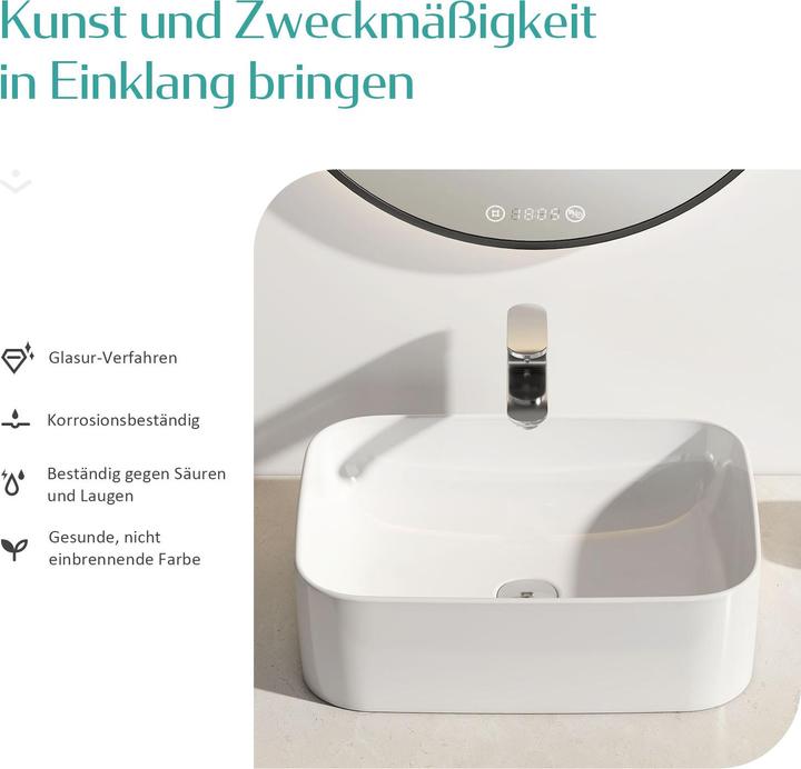 Produktbild Emke Aufsatzwaschbecken Eckiger Waschbecken Keramik Waschbecken Waschtisch Weiss Glänzend 61×15×38 cm (3800 mm, 6100 mm)