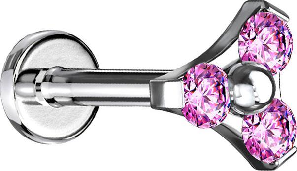 Actual product image Star Piercing Micro Labret inner thread silver triangle three crystals pink (Surgical steel 316L, without brass)