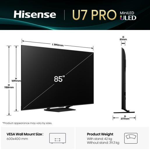 Produktbild Hisense TV 85U7Q PRO 85" Mini-LED 4K, 165Hz, 2'000 Nits (85", LED, UHD, 2025)