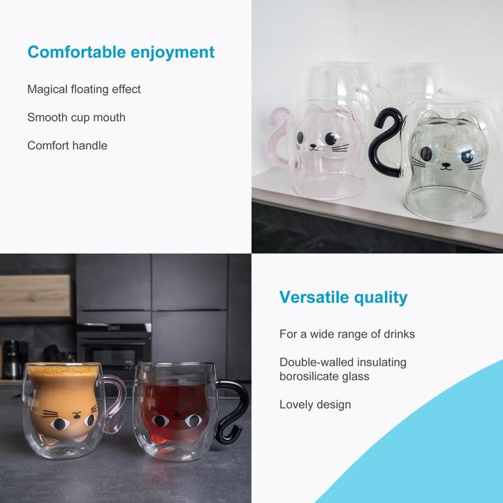 Produktbild Intirilife Doppelwandiges Thermo Glas Set Design Katze (0.20 l, 2 x)